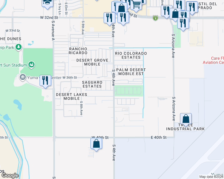 map of restaurants, bars, coffee shops, grocery stores, and more near 3689 South Pitahaya Drive in Yuma