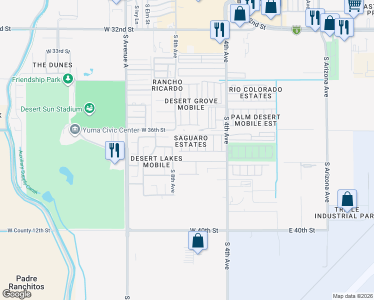 map of restaurants, bars, coffee shops, grocery stores, and more near 3670 South Yucca Drive in Yuma