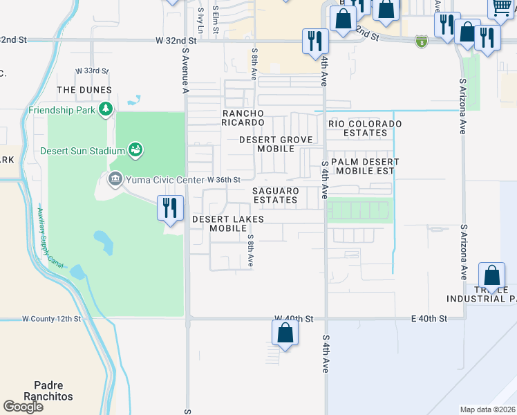 map of restaurants, bars, coffee shops, grocery stores, and more near 3670 South Yucca Drive in Yuma