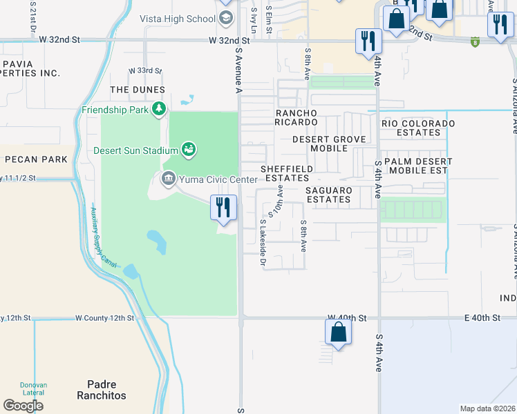 map of restaurants, bars, coffee shops, grocery stores, and more near 1080-1098 West Lakeside Drive in Yuma