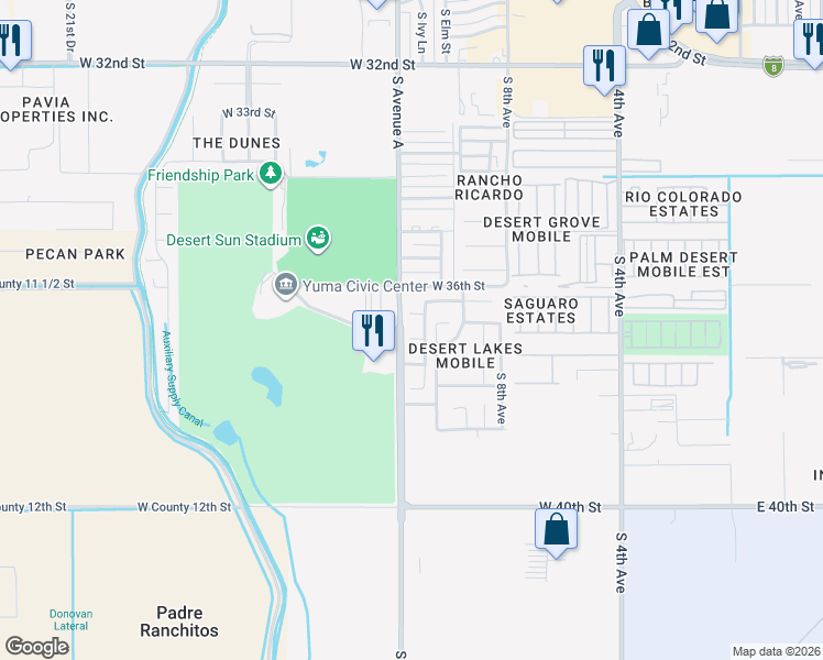 map of restaurants, bars, coffee shops, grocery stores, and more near 3732-3750 South Avenue A in Yuma