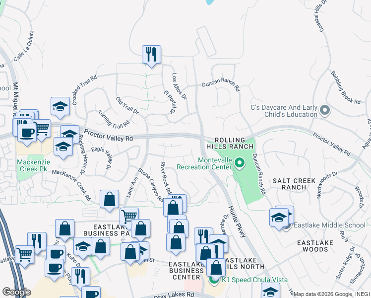 map of restaurants, bars, coffee shops, grocery stores, and more near 2642 Flagstaff Court in Chula Vista