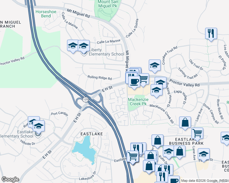 map of restaurants, bars, coffee shops, grocery stores, and more near 2280 Lago Ventana in Chula Vista