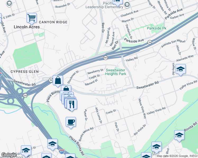 map of restaurants, bars, coffee shops, grocery stores, and more near 3448 Menard Street in National City
