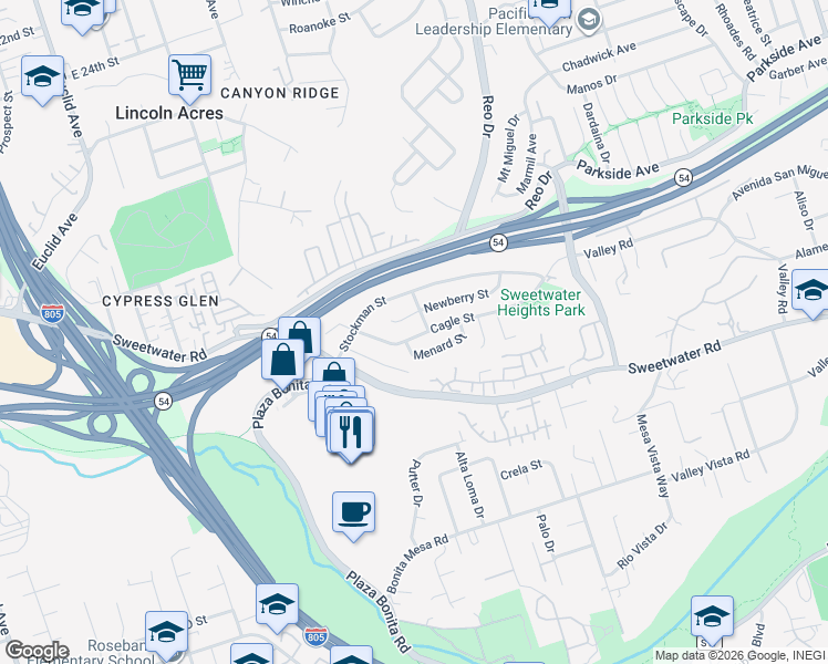 map of restaurants, bars, coffee shops, grocery stores, and more near 3333 Cagle Street in National City