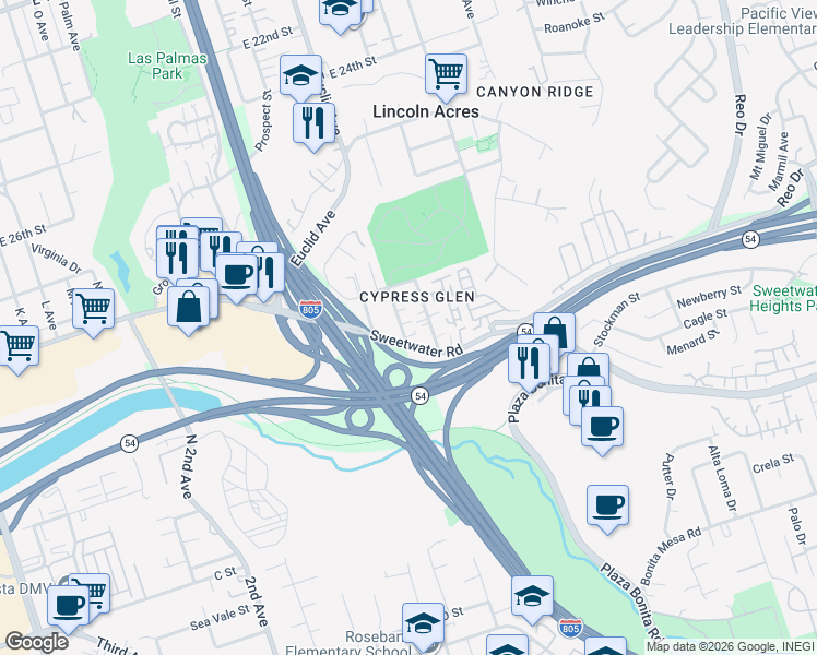 map of restaurants, bars, coffee shops, grocery stores, and more near 3315 Orange Street in National City