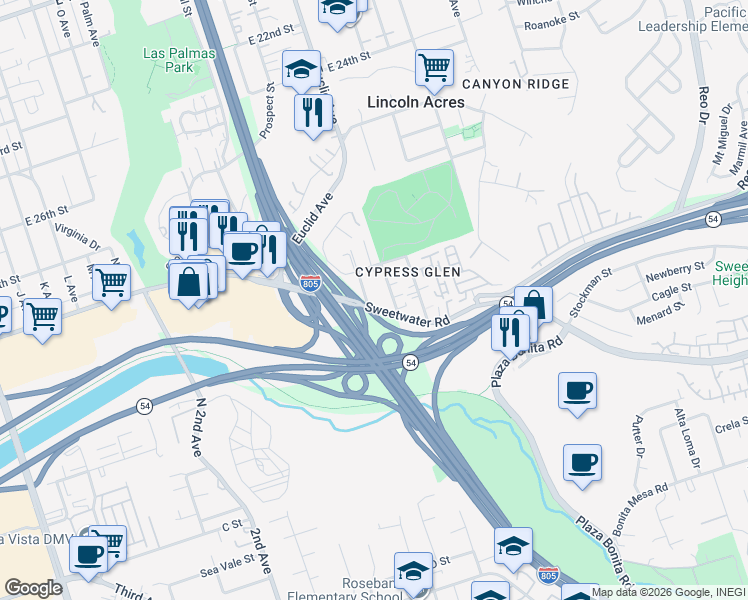 map of restaurants, bars, coffee shops, grocery stores, and more near 3241 Olive Street in National City