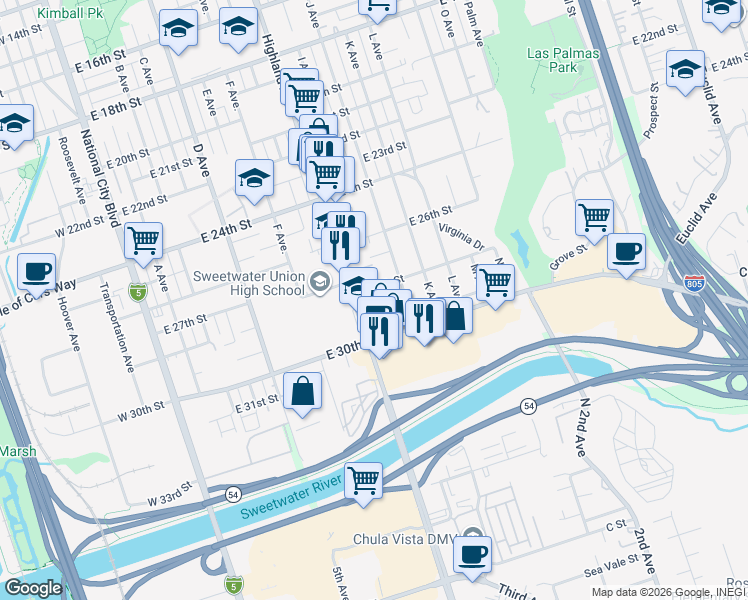 map of restaurants, bars, coffee shops, grocery stores, and more near 826 East 28th Street in National City