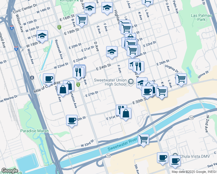map of restaurants, bars, coffee shops, grocery stores, and more near 2622 D Avenue in National City