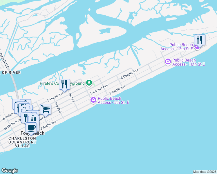 map of restaurants, bars, coffee shops, grocery stores, and more near 610 East Ashley Avenue in Folly Beach