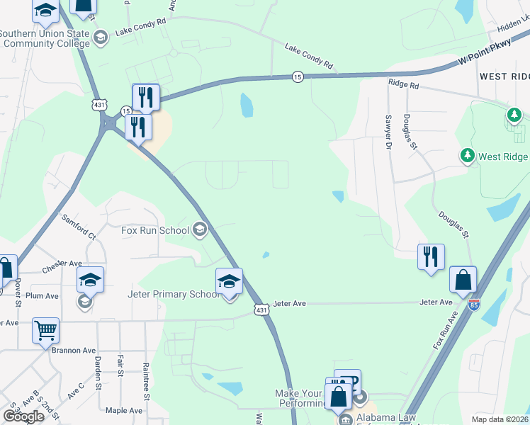 map of restaurants, bars, coffee shops, grocery stores, and more near 1001 Fox Run Parkway in Opelika