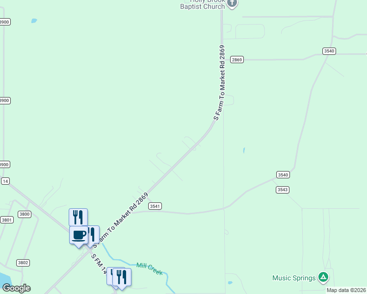 map of restaurants, bars, coffee shops, grocery stores, and more near 3526 Farm to Market Road 2869 in Hawkins
