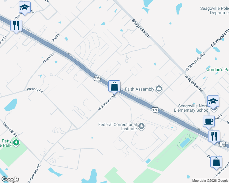 map of restaurants, bars, coffee shops, grocery stores, and more near 60 West Simonds Road in Seagoville