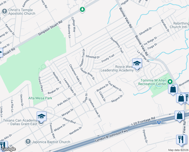 map of restaurants, bars, coffee shops, grocery stores, and more near 6504 Gentle River Drive in Dallas