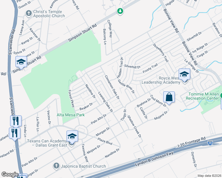 map of restaurants, bars, coffee shops, grocery stores, and more near 6421 Cinnamon Oaks Drive in Dallas