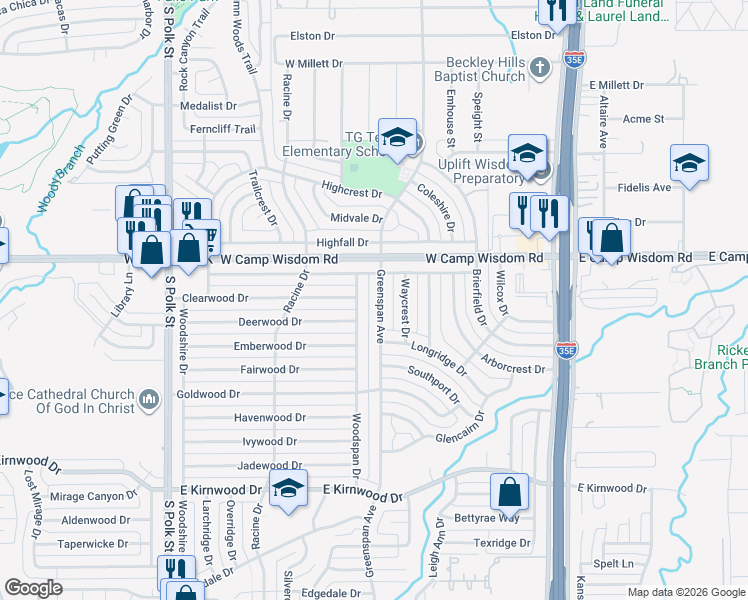 map of restaurants, bars, coffee shops, grocery stores, and more near 7123 Greenspan Avenue in Dallas