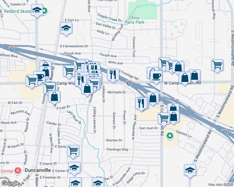 map of restaurants, bars, coffee shops, grocery stores, and more near 643 Michaels Drive in Duncanville