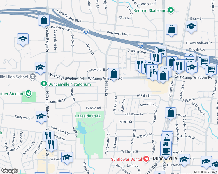 map of restaurants, bars, coffee shops, grocery stores, and more near 722 Hill City Drive in Duncanville