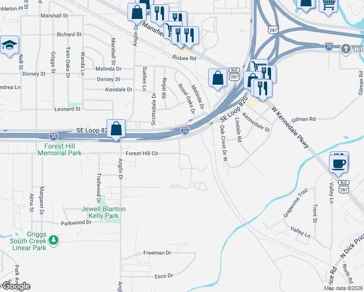 map of restaurants, bars, coffee shops, grocery stores, and more near 5120 Southeast Loop 820 in Fort Worth