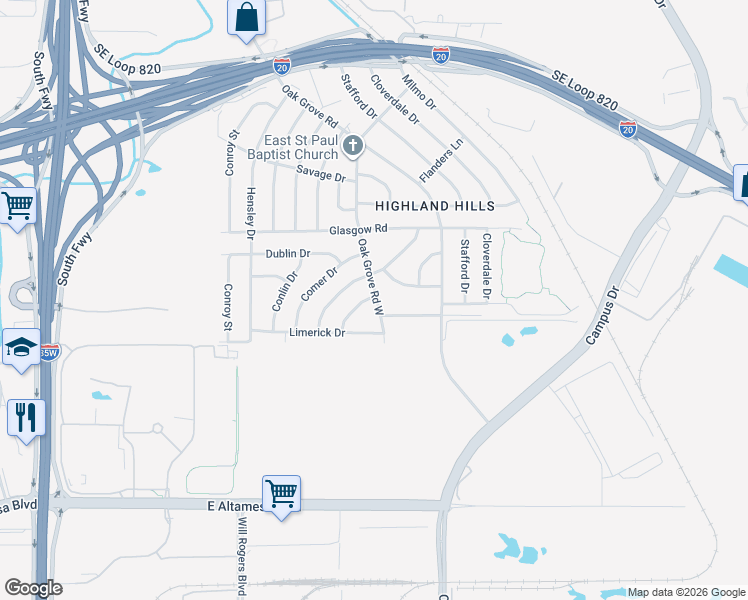 map of restaurants, bars, coffee shops, grocery stores, and more near 1408 Hazel Leigh Lane in Fort Worth