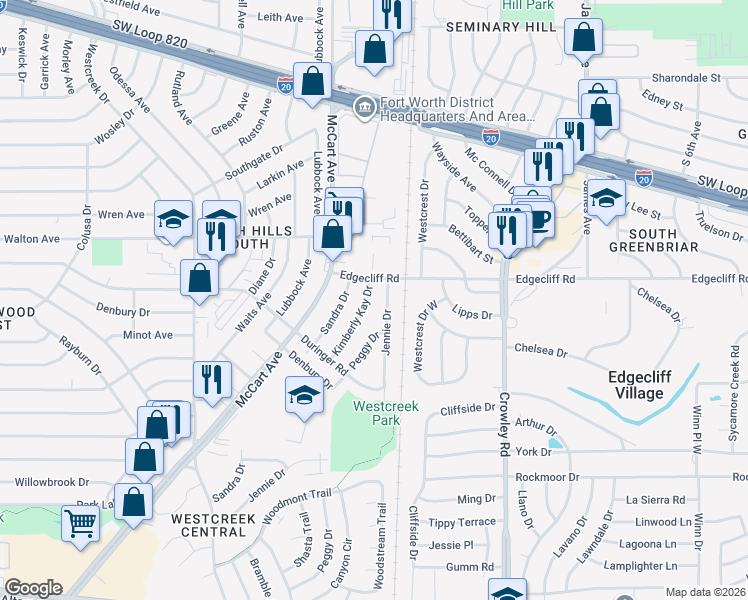 map of restaurants, bars, coffee shops, grocery stores, and more near 5804 Kimberly Kay Drive in Fort Worth