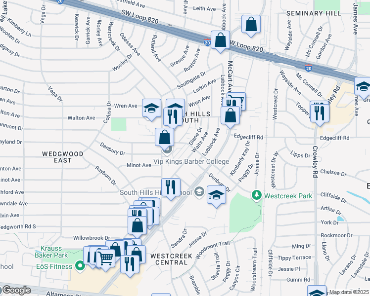 map of restaurants, bars, coffee shops, grocery stores, and more near 5958 Duringer Road in Fort Worth