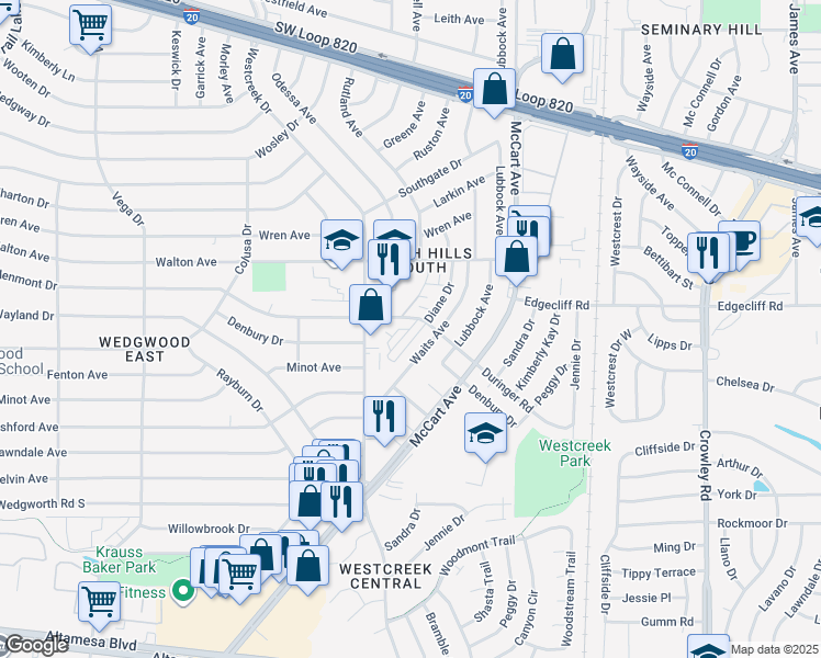 map of restaurants, bars, coffee shops, grocery stores, and more near 5958 Duringer Road in Fort Worth