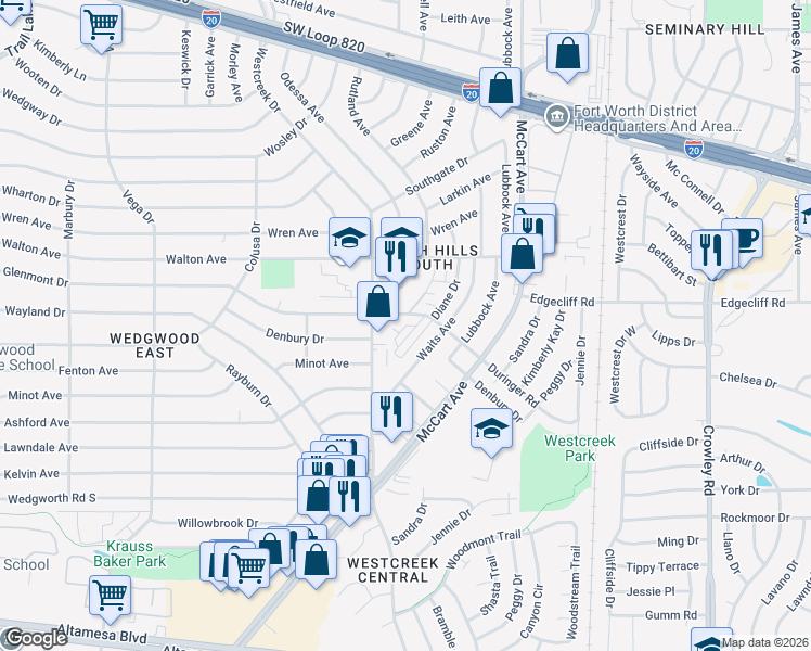 map of restaurants, bars, coffee shops, grocery stores, and more near 5958 Duringer Road in Fort Worth