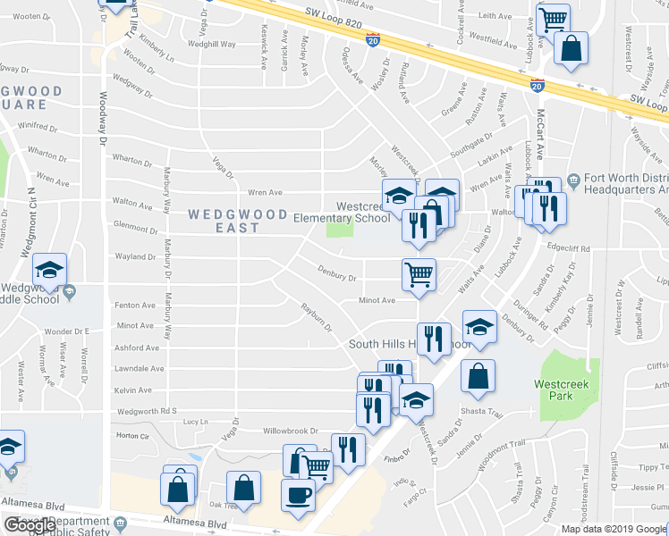 map of restaurants, bars, coffee shops, grocery stores, and more near 3432 Denbury Drive in Fort Worth