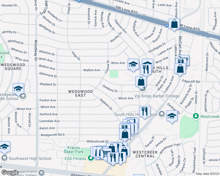 map of restaurants, bars, coffee shops, grocery stores, and more near 3432 Denbury Drive in Fort Worth