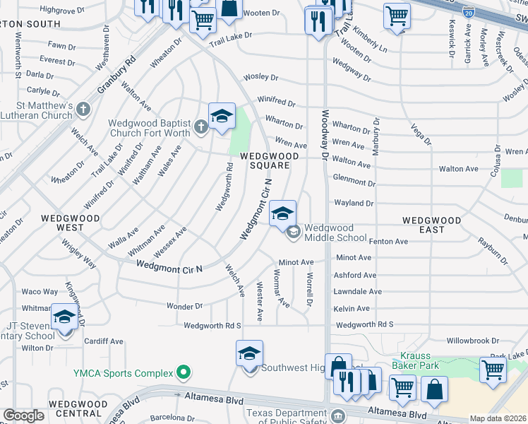 map of restaurants, bars, coffee shops, grocery stores, and more near 5644 Wimbleton Way in Fort Worth