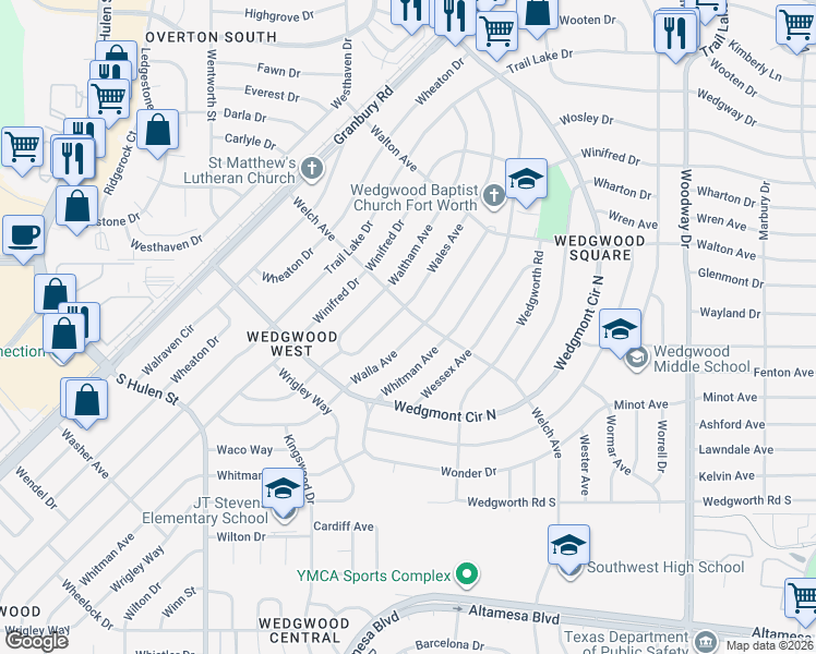 map of restaurants, bars, coffee shops, grocery stores, and more near 5732 Walla Avenue in Fort Worth