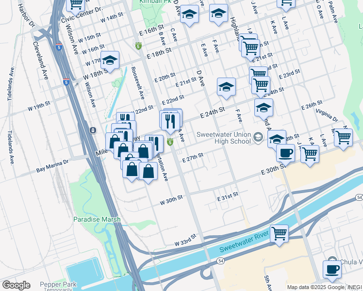 map of restaurants, bars, coffee shops, grocery stores, and more near 45 East 26th Street in National City