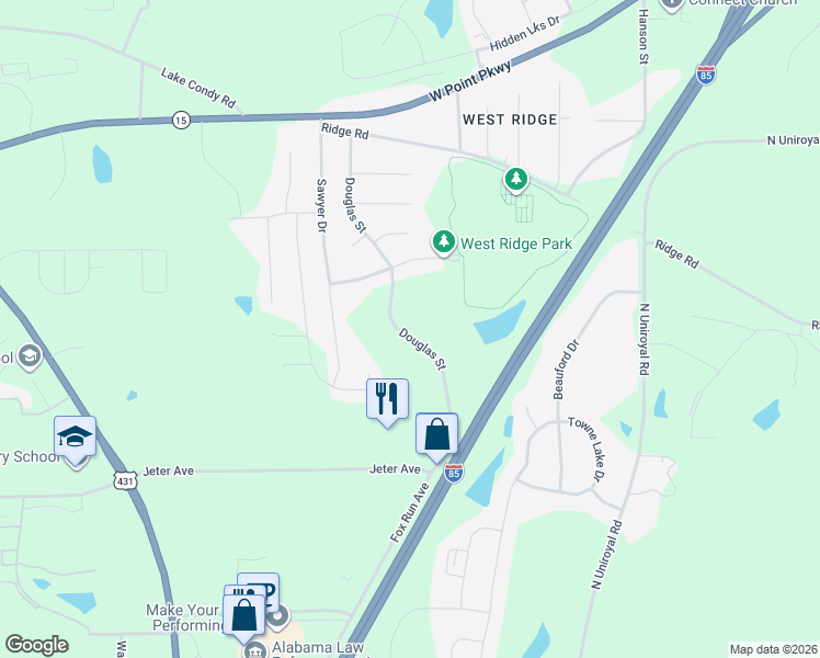 map of restaurants, bars, coffee shops, grocery stores, and more near 1205 Douglas Street in Opelika