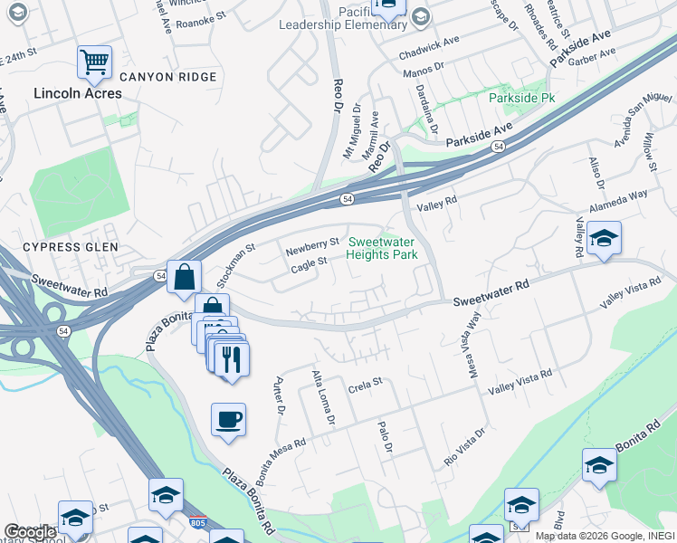 map of restaurants, bars, coffee shops, grocery stores, and more near 3707 Lynda Place in National City