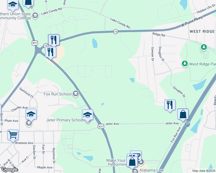 map of restaurants, bars, coffee shops, grocery stores, and more near 1001 Fox Run Parkway in Opelika