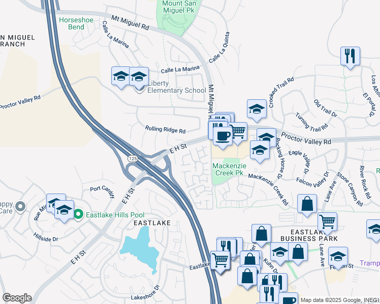 map of restaurants, bars, coffee shops, grocery stores, and more near 2170 Lago Ventana in Chula Vista