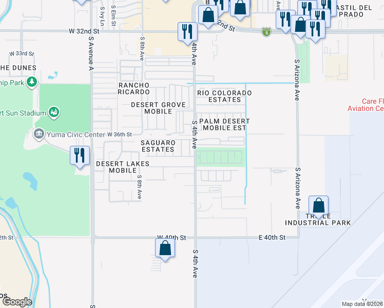 map of restaurants, bars, coffee shops, grocery stores, and more near 3689 South Pitahaya Drive in Yuma