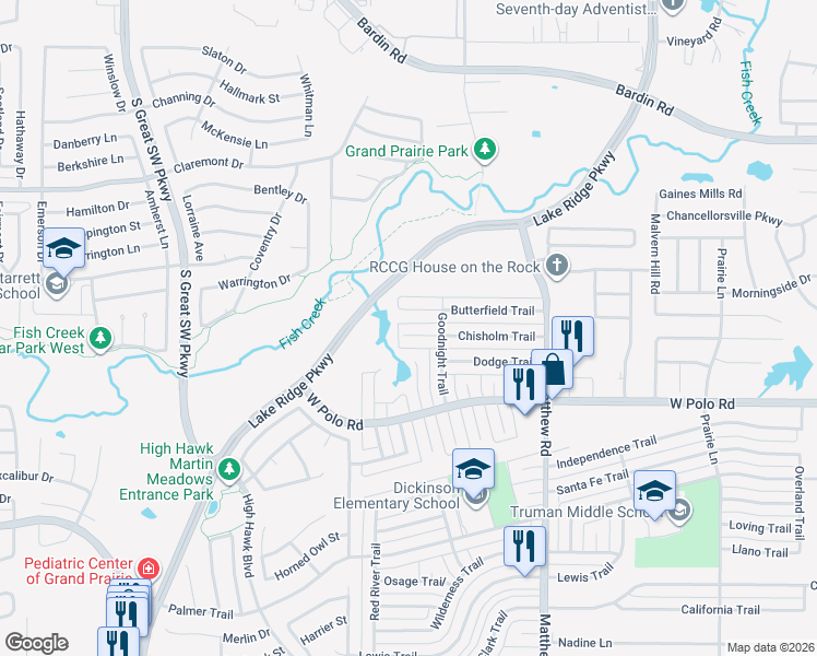 map of restaurants, bars, coffee shops, grocery stores, and more near 2121 Butterfield Trail in Grand Prairie