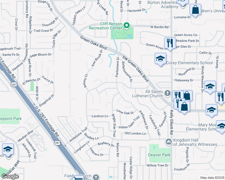 map of restaurants, bars, coffee shops, grocery stores, and more near 4704 Burning Springs Drive in Arlington