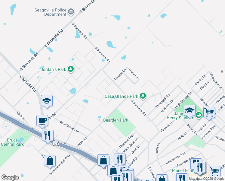 map of restaurants, bars, coffee shops, grocery stores, and more near 1629-1641 East Farmers Road in Seagoville