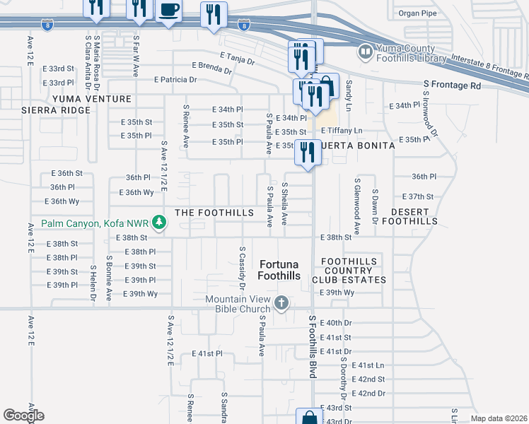 map of restaurants, bars, coffee shops, grocery stores, and more near 11650 South Paula Avenue in Yuma