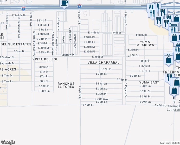 map of restaurants, bars, coffee shops, grocery stores, and more near 10165 East 37th Place in Yuma