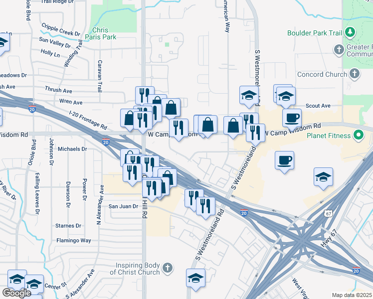 map of restaurants, bars, coffee shops, grocery stores, and more near 4210 West Camp Wisdom Road in Dallas