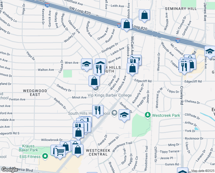 map of restaurants, bars, coffee shops, grocery stores, and more near 5808 Waits Avenue in Fort Worth