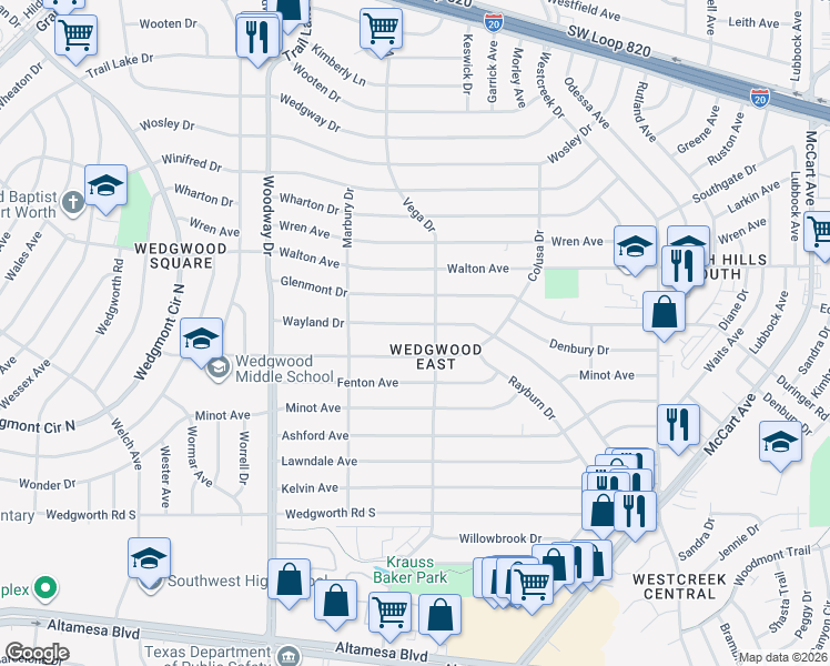 map of restaurants, bars, coffee shops, grocery stores, and more near 3705 Wayland Drive in Fort Worth