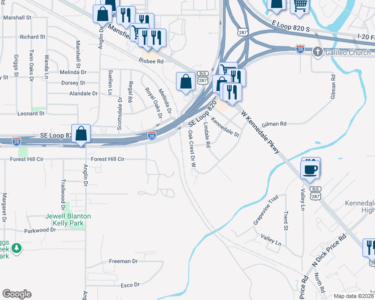map of restaurants, bars, coffee shops, grocery stores, and more near 6801 Oak Crest Drive West in Fort Worth