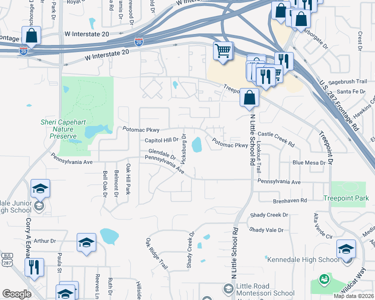 map of restaurants, bars, coffee shops, grocery stores, and more near 5211 Vicksburg Drive in Arlington