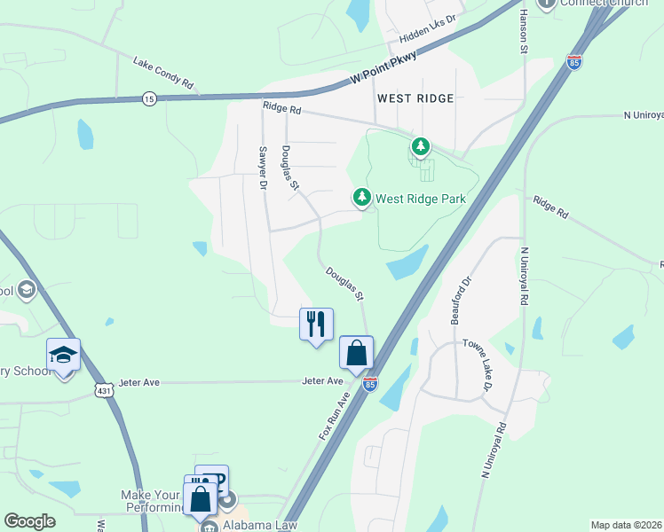 map of restaurants, bars, coffee shops, grocery stores, and more near 1205 Douglas Street in Opelika