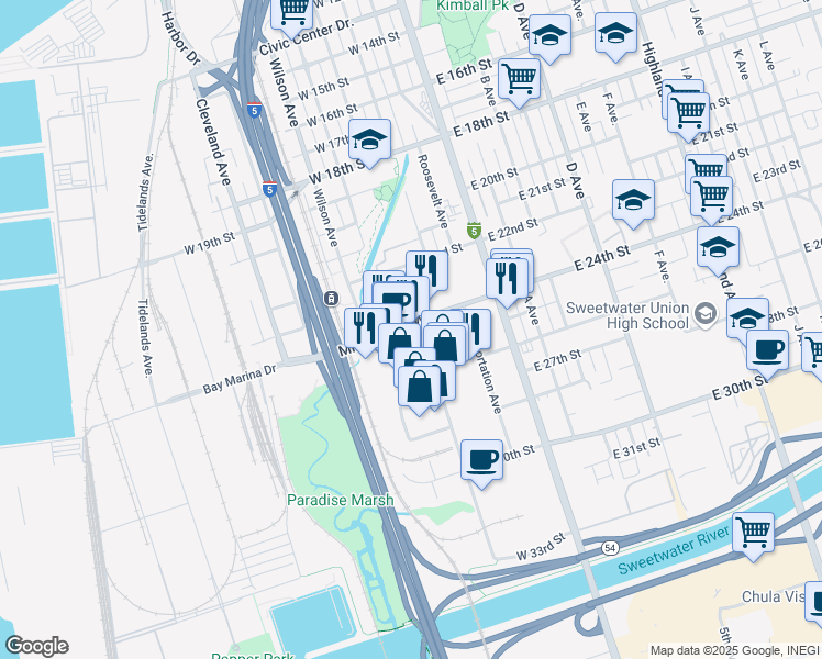 map of restaurants, bars, coffee shops, grocery stores, and more near 400 Mile of Cars Way in National City